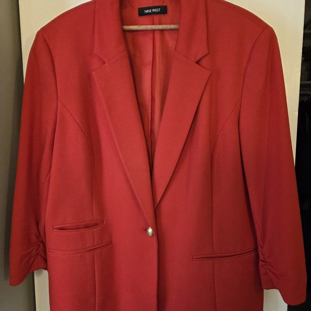 Nine West Bright Poppy Red/Orange Women's Brass Button Blazer - Picture 2 of 13